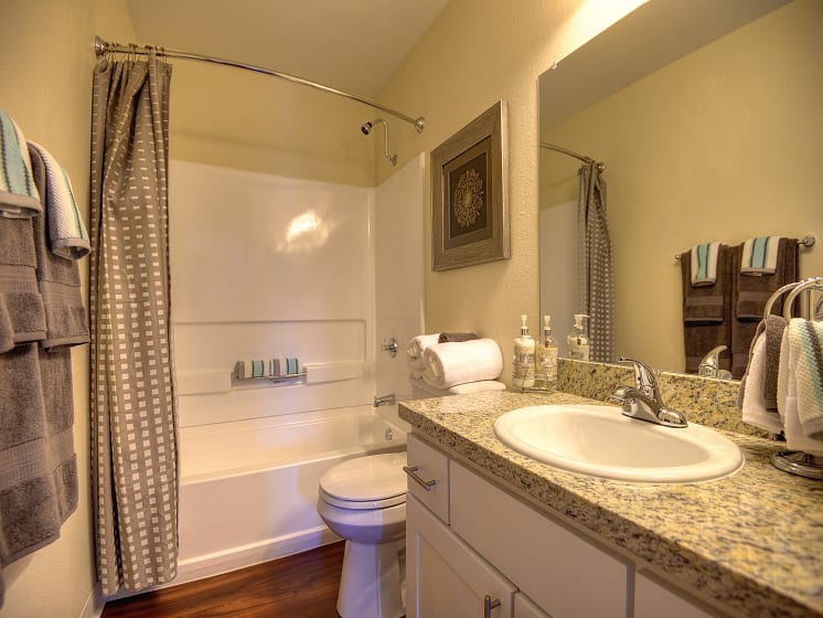 Bathroom with Sink, Toilet, Hardwood Inspired Floor and Bathtub